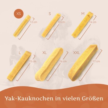 Yak-Kau-Sticks in verschiedenen Größen (XS: 12 cm, S: 13 cm, M: 14 cm, L: 15 cm, XL: 16 cm, XXL: 17 cm) in einem hellgelben Farbton.
