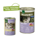 Zwei Dosen "Wilderness Pure Sheep" Hundefutter von Real Nature, mit einem Wolf und einem neuen Design sowie verbesserter Formel.