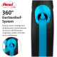 Flexi 360° Gurtlauf-System für Haustierleinen, mit einem blauen, einziehbaren Gurt und Text, der das verwicklungsfreie Design erklärt.