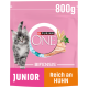 Sac de nourriture pour chats Purina ONE Bifensis, 800g, avec un chaton gris duveteux sur le devant, étiqueté "JUNIOR" et "Reich an HUHN."