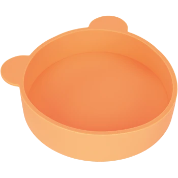 Un bol pour animal de compagnie en silicone orange avec des bords arrondis et des poignées en forme d'oreilles d'ours sur les côtés.