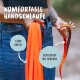 Eine Person hält leuchtend orangefarbene Hundeleinen, mit Text, der "Komfortable Handschlaufe", "1,5 cm Breite" und "Gepolstert mit Neopren" hervorhebt.