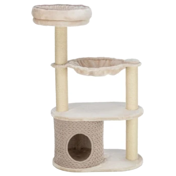 Ein beiger Katzenbaum mit zwei plüschigen Sitzplätzen, einem gemütlichen Versteck und Kratzpfosten, entworfen für das Spielen und Entspannen von Katzen.