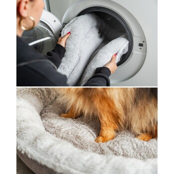 Eine Person legt zwei flauschige graue Haustierbetten in eine Waschmaschine. Unten zeigt eine Nahaufnahme die Pfoten eines Hundes, die auf einem weichen, runden Haustierbett ruhen.