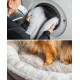 Eine Person legt zwei flauschige graue Haustierbetten in eine Waschmaschine. Unten zeigt eine Nahaufnahme die Pfoten eines Hundes, die auf einem weichen, runden Haustierbett ruhen.