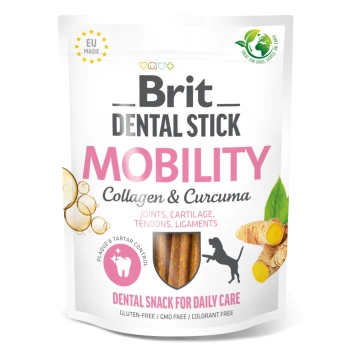 Brit DENTAL STICK MOBILITY Collagen & Curcuma — saszetka pałeczek dentystycznych dla psów, wsparcie stawów i chrząstki, przekąska dentystyczna.
