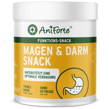 AniForte Magen & Darm Snackbehälter, mit einem gelben Etikett mit dem Text 'Unterstützt eine optimale Verdauung' und 'Feines Huhn, ohne Getreide'.