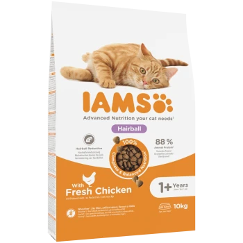IAMS Katzenfutterbeutel mit Foto einer orange getigerten Katze — Hairball-Formel mit frischem Huhn, ab 1 Jahr, 10 kg.