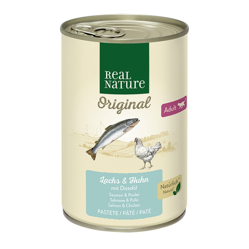 REAL NATURE Original natvoer voor katten, Adult, zalm en kip met saffloerolie 12x400 g