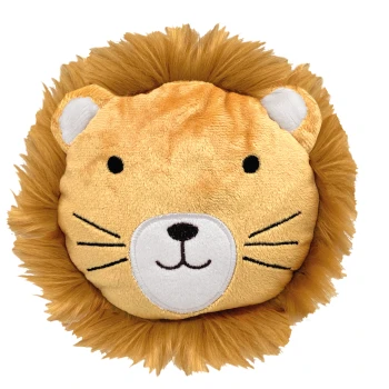 Ein runder, plüschiger Löwenstofftier mit einer weichen goldenen Mähne, weißem Gesicht und gestickten Gesichtszügen, ideal für Haustiere.