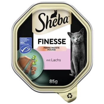 Sheba Finesse Katzenfutterverpackung mit einer grauen Katze, mit einem rosa Etikett, das 'mit Lachs' angibt, und einem Bild des Futters auf einem Teller.