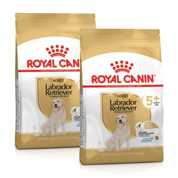 Deux sacs de nourriture pour chiens Royal Canin pour les Labradors adultes, étiquetés pour les chiens de plus de 5 ans, avec une image de golden retriever.