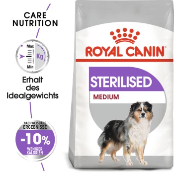 Royal Canin Sterilised Medium Hundefutterbeutel mit einer Grafik eines mittelgroßen Hundes, die Pflegeernährung, ideales Gewicht und -10% Kalorien betont.