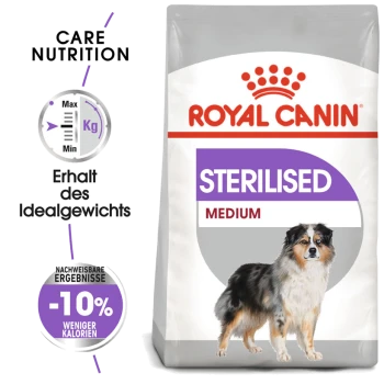 Royal Canin Sterilised Medium Hundefutterbeutel mit einer Grafik eines mittelgroßen Hundes, die Pflegeernährung, ideales Gewicht und -10% Kalorien betont.