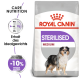 Royal Canin Sterilised Medium Hundefutterbeutel mit einer Grafik eines mittelgroßen Hundes, die Pflegeernährung, ideales Gewicht und -10% Kalorien betont.