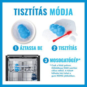 Blaue KONG-Spielzeug-Reinigungsinfografik: Überschrift 'TISZTÍTÁS MÓDJA'; 1 ÁZTASSA BE, 2 TISZTÍTÁS, 3 MOSOGATÓGÉP.