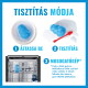 Blaue KONG-Spielzeug-Reinigungsinfografik: Überschrift 'TISZTÍTÁS MÓDJA'; 1 ÁZTASSA BE, 2 TISZTÍTÁS, 3 MOSOGATÓGÉP.