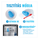 Blaue KONG-Spielzeug-Reinigungsinfografik: Überschrift 'TISZTÍTÁS MÓDJA'; 1 ÁZTASSA BE, 2 TISZTÍTÁS, 3 MOSOGATÓGÉP.