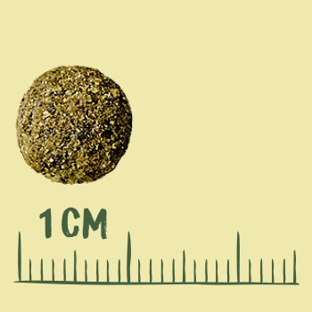 Eine Nahaufnahme eines 1 cm runden Tierfutterpellets vor einem hellgelben Hintergrund, mit einem Lineal, das seine Größe angibt.