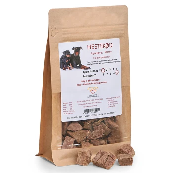 Frostgetrocknetes Pferdefleisch für Hunde, 50 Gramm, mit zwei Hunden auf der Verpackung. Nährwertangaben umfassen 62% Protein, 32% Fett und 530 kcal Energie.