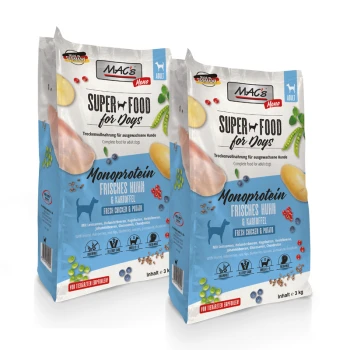 Zwei Beutel MAC's Super Food für Hunde, mit "Monoprotein Frisches Huhn & Kartoffel" (Frisches Huhn & Kartoffel), jeweils 3 kg.