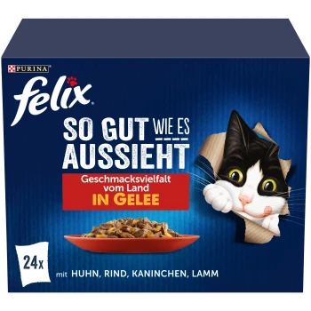 Felix Katzenfutterbox mit einer schwarz-weißen Katze, Text „So gut wie es aussieht“ und den Geschmacksrichtungen Huhn, Rind, Kaninchen, Lamm in Gelee.