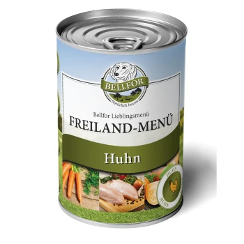 Dosenfutter für Haustiere mit der Bezeichnung "Bellfor Freiland-Menü Huhn" mit einer malerischen Kulisse, Bildern von Huhn, Karotten und Kräutern.