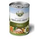 Dosenfutter für Haustiere mit der Bezeichnung "Bellfor Freiland-Menü Huhn" mit einer malerischen Kulisse, Bildern von Huhn, Karotten und Kräutern.