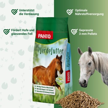 PANTO Pferdefutterbeutel mit einem braunen Pferd, mit Text, der Vorteile wie Verdauungsunterstützung, glänzendes Fell und Nährstoffversorgung hervorhebt.