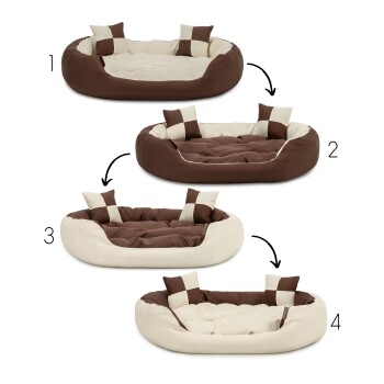 Vier Bilder eines wendbaren Haustierbettes, das verschiedene Konfigurationen zeigt, mit einem braun- und cremefarbenen Farbschema und karierten Kissen.