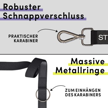 Hundeleine mit robustem Schnappverschluss und Karabiner. Text lautet "Robuster Schnappverschluss" und "Massive Metallringe."