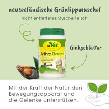 Ein Behälter von cdVet ArthroGreen Classic, mit grünlippigen Muscheln und Ginkgo-Blättern, mit Text zur Förderung der Gelenkunterstützung für Haustiere.