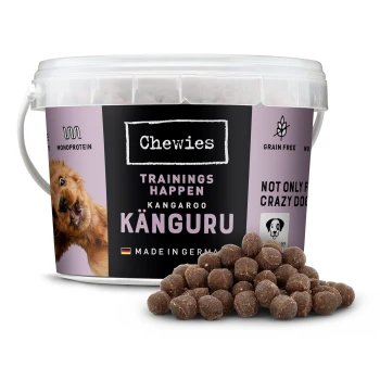 Trainings przekąski jednobiałkowe 300 g Kangur Przysmaki treningowe Chewies w okrągłym pojemniku, o smaku kangura, bez zbóż, z małymi brązowymi kawałkami karmy rozsypanymi przed.