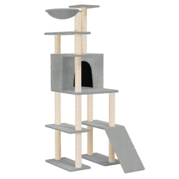 Grauer Katzenbaum mit mehreren Plattformen, einem gemütlichen Versteck und einer Rampe für einfachen Zugang. Ideal zum Klettern und Entspannen.