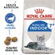 Royal Canin Indoor 7+ cat food bag featuring a gray tabby cat, with text highlighting "Health Nutrition" and "Vitality complex."