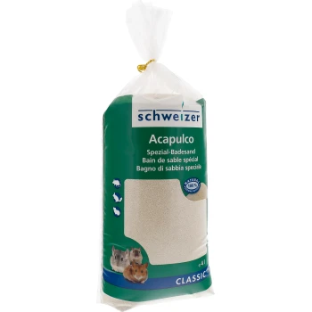 Un sac en plastique transparent de sable de bain spécial Schweizer Acapulco pour petits animaux, présentant des images d'un chinchilla, d'un hamster et d'une souris sur le devant.