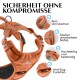 Orangenes Hundegeschirr mit hervorgehobenen Merkmalen: "Rutscht nicht," "Saubere Nähte," "Hochwertig und langlebig," "Anti-Zieh-Funktion."