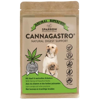 Natürliche Superfood-Verpackung für Haustiere mit der Aufschrift "Cannagastro" und einem Hundebild, das Ansprüche auf natürliche Verdauungsunterstützung, kein GMO, kein Weizen und keinen Zucker enthält.