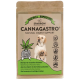 Emballage de super-aliment naturel pour animaux de compagnie étiqueté "Cannagastro" avec une image de chien, comportant des affirmations de soutien digestif naturel, sans OGM, sans blé et sans sucre.