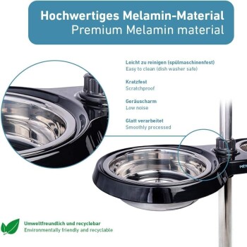 Schwarze Melamin- erhobene Futterschale mit Edelstahleinsatz; sichtbarer Text 'Premium Melaminmaterial.'