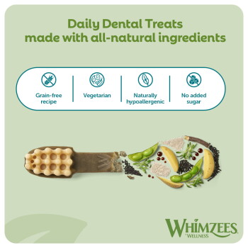 Whimzees dental chew with natural ingredients; text 'Daily Dental Treats' and icons for grain-free, vegetarian, hypoallergenic.