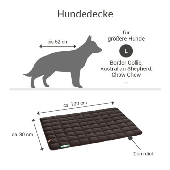 Schwarze Hundedecke für größere Hunde, etwa 100 cm mal 80 cm und 2 cm dick, geeignet für Rassen wie Border Collie.