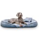 Ein grauer Weimaraner-Hund, der auf einem weichen, blauen Haustierbett mit einem kleinen passenden Kissen entspannt.