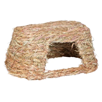 Ein natürlicher Strohhäuschen für Haustiere mit einem offenen Eingang, entworfen für kleine Tiere wie Kaninchen oder Meerschweinchen.