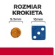Obraz porównujący rozmiar krokieta dla zwierząt (9,5 mm) do niebieskiej kostki (16 mm), z tekstem "ROZMIAR KROKIETA" powyżej.