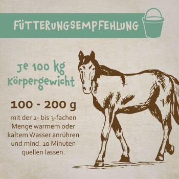 Fütterungsempfehlung für Pferde: 100-200 g pro 100 kg Körpergewicht, mit 2-3-facher Menge Wasser anrühren, 10 Minuten quellen lassen.