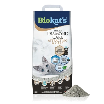 Biokat's Diamond Care Anzieh- und Pflege-Katzenstreu-Beutel mit Foto einer grauen Katze und verschüttetem granularem Streu, 10 L.