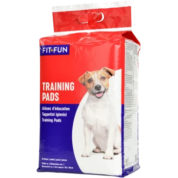Tapis d'entraînement FIT+FUN pour chiens, 50 pièces, taille env. 60 x 60 cm, emballage aux couleurs rouge, blanc et bleu.
