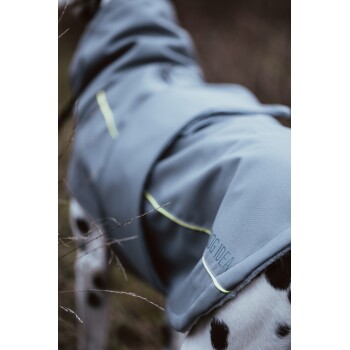 Eine Nahaufnahme eines Hundes, der einen grauen wasserdichten Mantel mit reflektierenden Akzenten trägt, mit dem Text "DOG IDEA" an der Seite.