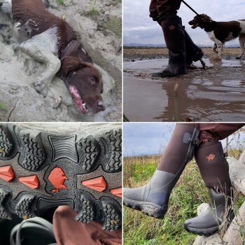 Collage eines braun-weißen Hundes, der im Schlamm spielt, und Nahaufnahmen von wasserdichten braunen und grauen Outdoor-Stiefeln mit orangefarbenem Logo.